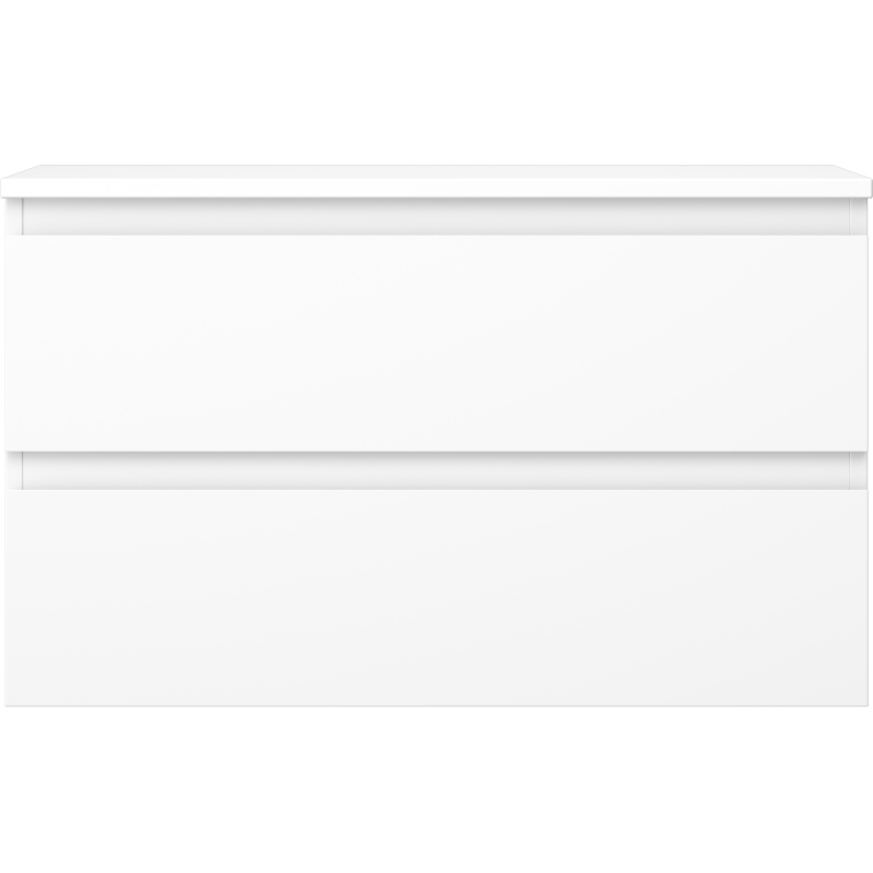 Underskap til servant i hvit matt med to brede skuffer, sett forfra, minimalistisk design uten håndtak.