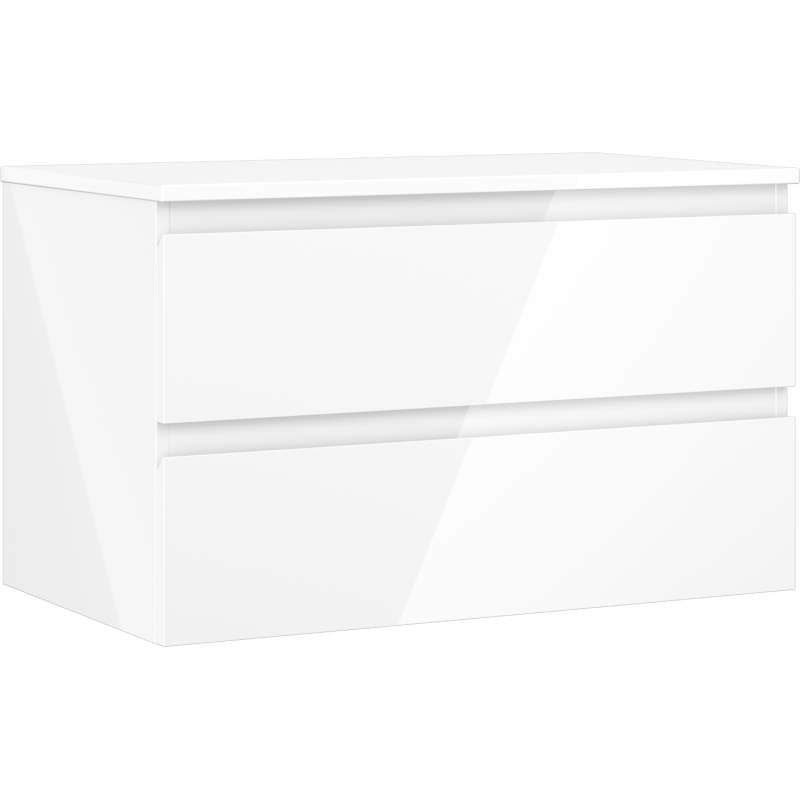 Servantskap 80 cm hvit høyglans med to skuffer og minimalistisk design, sett fra skrå vinkel.