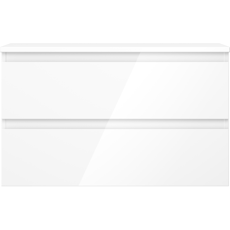 Underskap til servant i hvit høyglans med to brede skuffer uten håndtak, sett rett forfra.