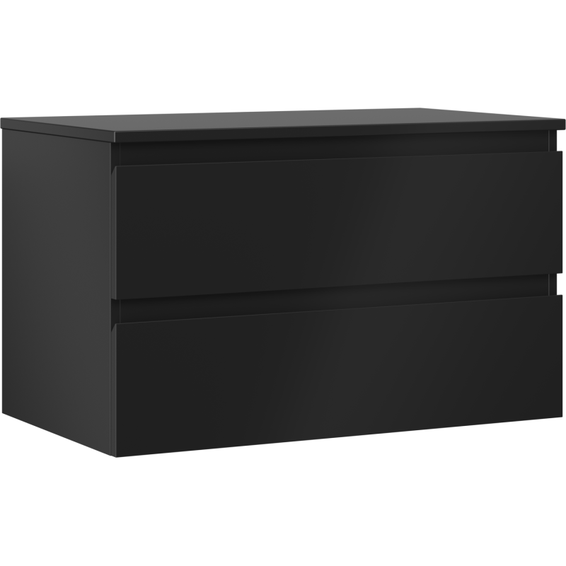Servantskap 80 cm i matt svart med to skuffer uten håndtak, sett fra skrå vinkel.