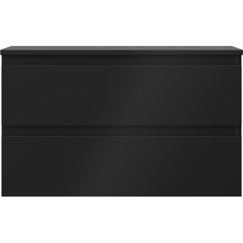 Underskap til servant i svart matt med to brede, glatte skuffer uten håndtak, sett forfra.