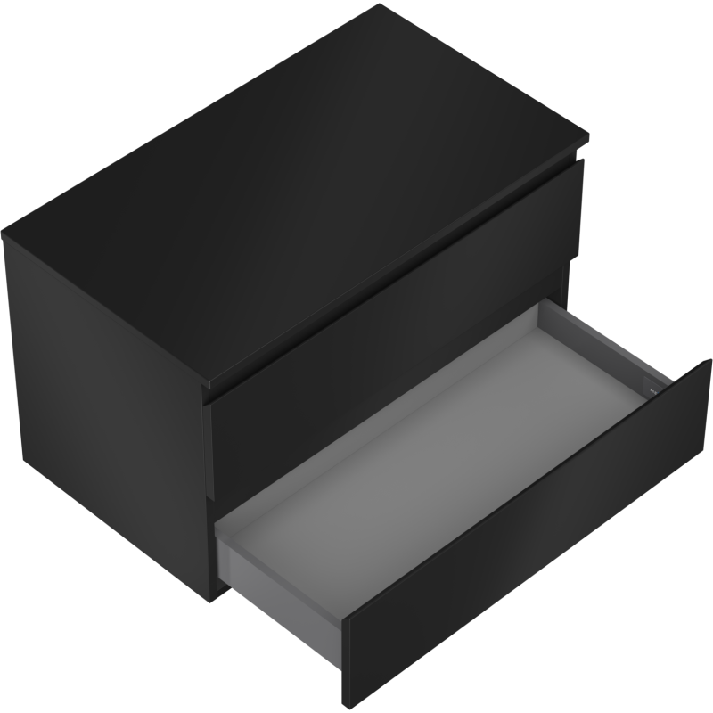 Servantskap til bad 80 cm svart matt med to skuffer, en skuff delvis åpen, sett fra skrå vinkel.