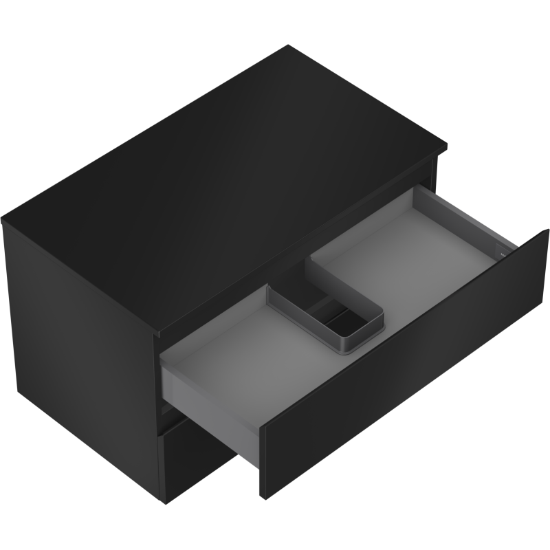 Servantskap uten vask 80 cm svart matt med åpen skuff og grå innvendig avdeler.