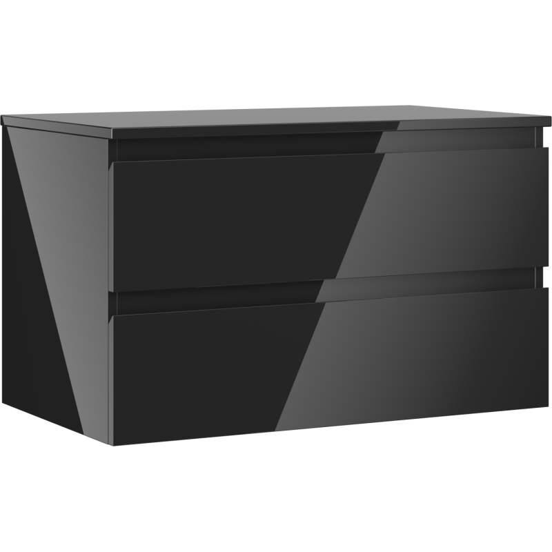 Servantskap 80 cm svart høyglans med to skuffer, sett fra hjørne, moderne design uten håndtak.