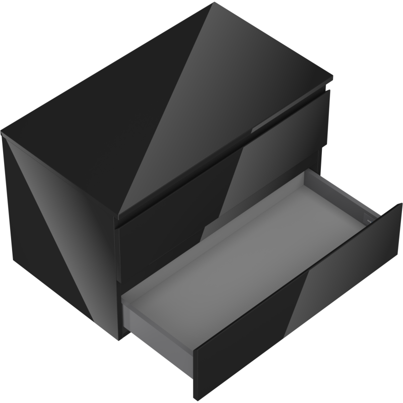 Servantskap til bad svart høyglans 80 cm med åpen skuff som viser romslig innside.