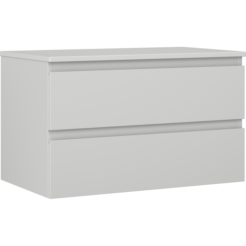 Servantskap 80 cm grå matt med to skuffer og integrerte håndtak, sett fra skrå vinkel foran.