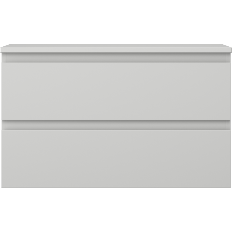 Underskap til servant 80 cm i grå matt med to brede, håndtaksløse skuffer, sett rett forfra.