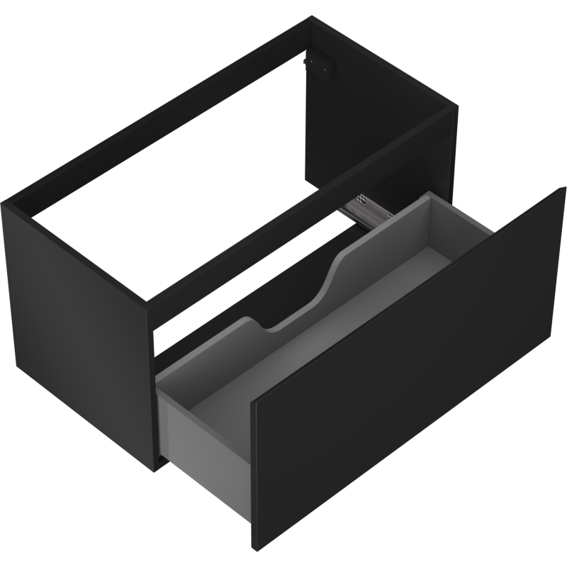 Servantskap uten vask svart Mexen Orio 90 cm med åpen grå skuff og utskjæring for rør.