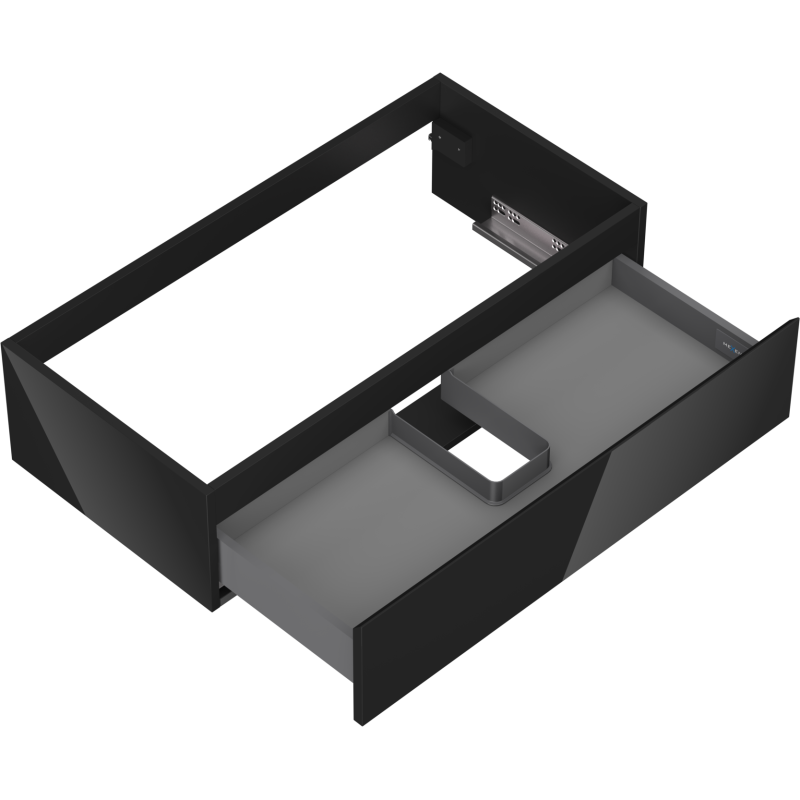 Servantskap uten vask 90 cm svart høyglans med åpen skuff og U-formet rom for rør.