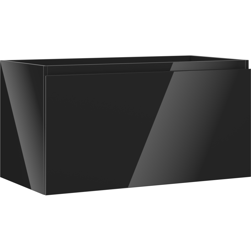 Servantskap 90 cm svart høyglans med én skuff, sett fra skrå vinkel som viser blank overflate.