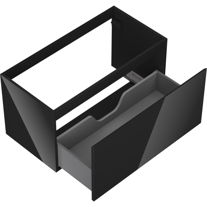 Servantskap uten vask svart høyglans Mexen Orio 90 cm med åpen skuff og utsparing sett ovenfra.