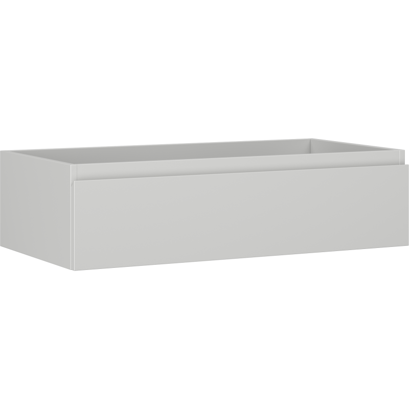 Servantskap 90 cm grå matt veggmontert med én skuff, sett fra skrå front.