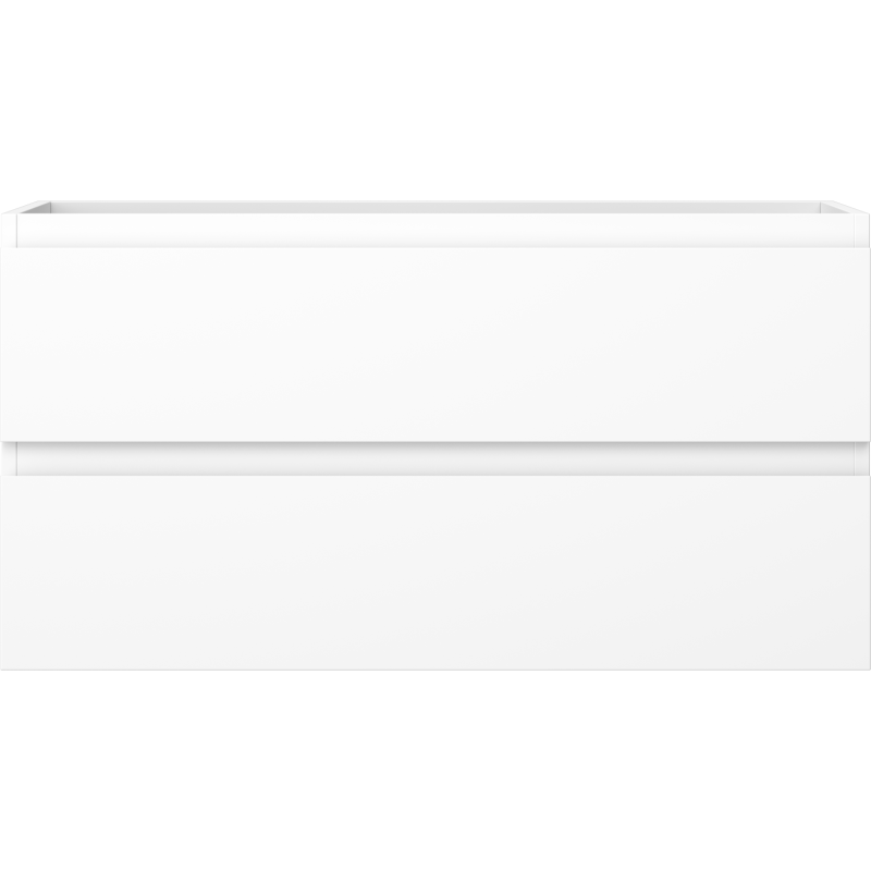 Underskap til servant i hvit matt finish med to brede skuffer uten synlige håndtak, sett forfra.