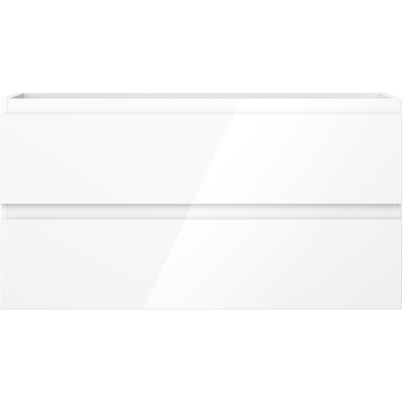 Underskap til servant i hvit høyglans med to skuffer og integrerte håndtak, sett forfra.