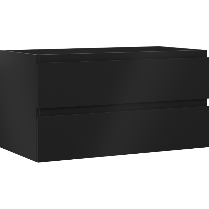 Servantskap 90 cm svart matt med to skuffer, sett skrått forfra uten synlige håndtak.