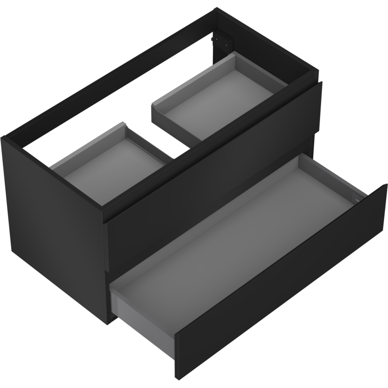 Servantskap til bad i svart matt med to små grå innvendige skuffer og stor uttrekkbar skuff nederst.