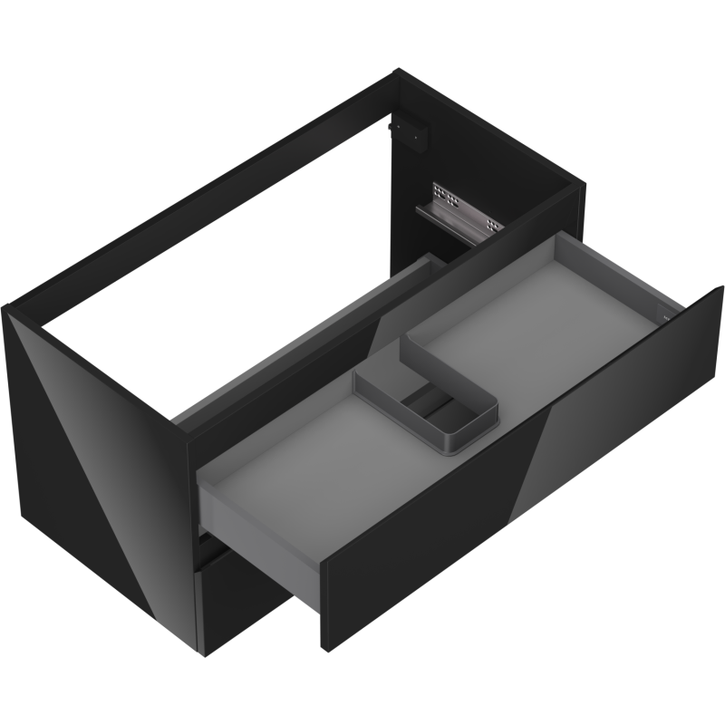 Servantskap uten vask svart høyglans 90 cm med uttrekt skuff og rominndeler, sett skrått ovenfra.