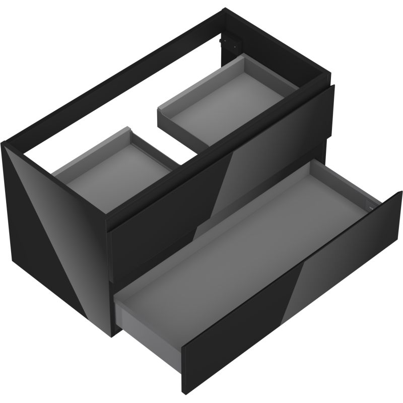 Servantskap til bad i svart høyglans med to skuffer, sett skrått ovenfra, øvre skuff delt i to rom.