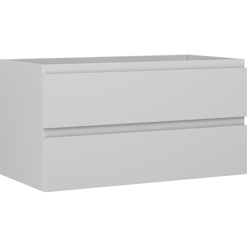 Servantskap 90 cm grå matt med to håndtaksløse skuffer i minimalistisk design, sett skrått forfra.