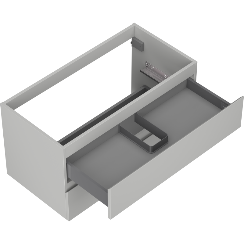Servantskap uten vask 90 cm Mexen Orio i grå matt med åpen skuff og synlig inndeling.