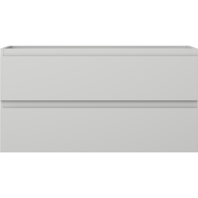 Underskap til servant i lys grå matt finish med to brede skuffer uten synlige håndtak.