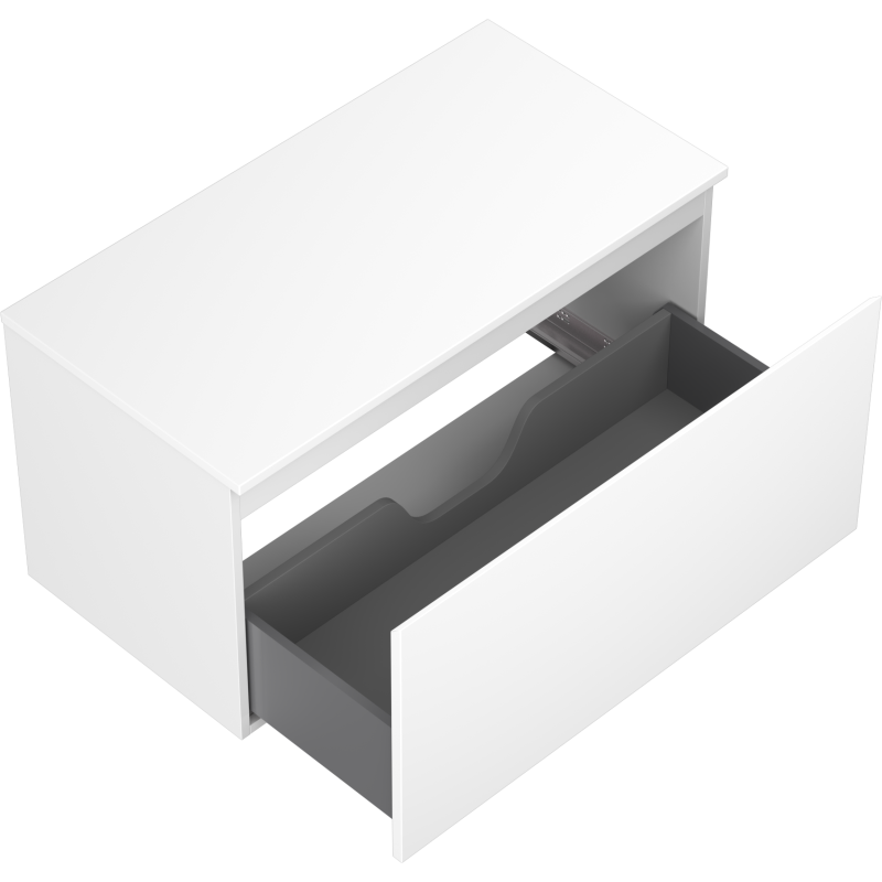 Servantskap uten vask 90 cm hvit matt med åpen grå innerskuff sett fra skrå vinkel.