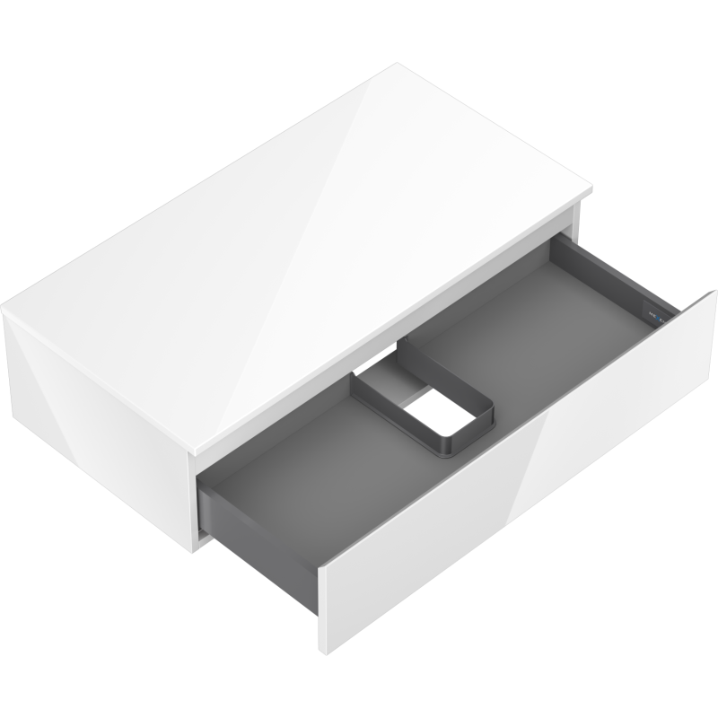 Servantskap uten vask 90 cm hvit høyglans med åpen skuff og plass til rør, sett ovenfra.