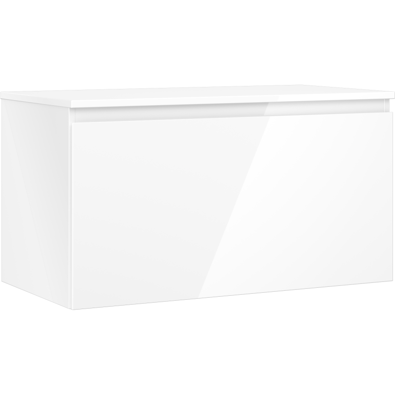 Servantskap 90 cm hvit høyglans med én skuff, sett fra skrå vinkel med lukket lokk.