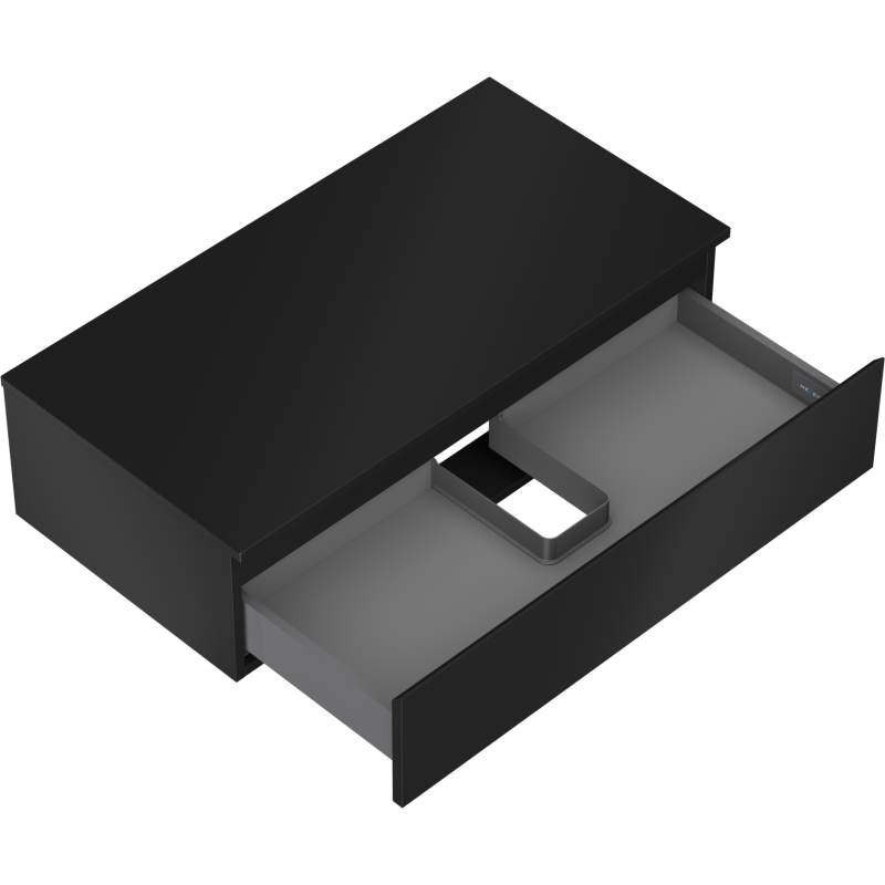 Servantskap uten vask 90 cm svart matt med åpen skuff og integrert romdeler, sett fra skrå vinkel.