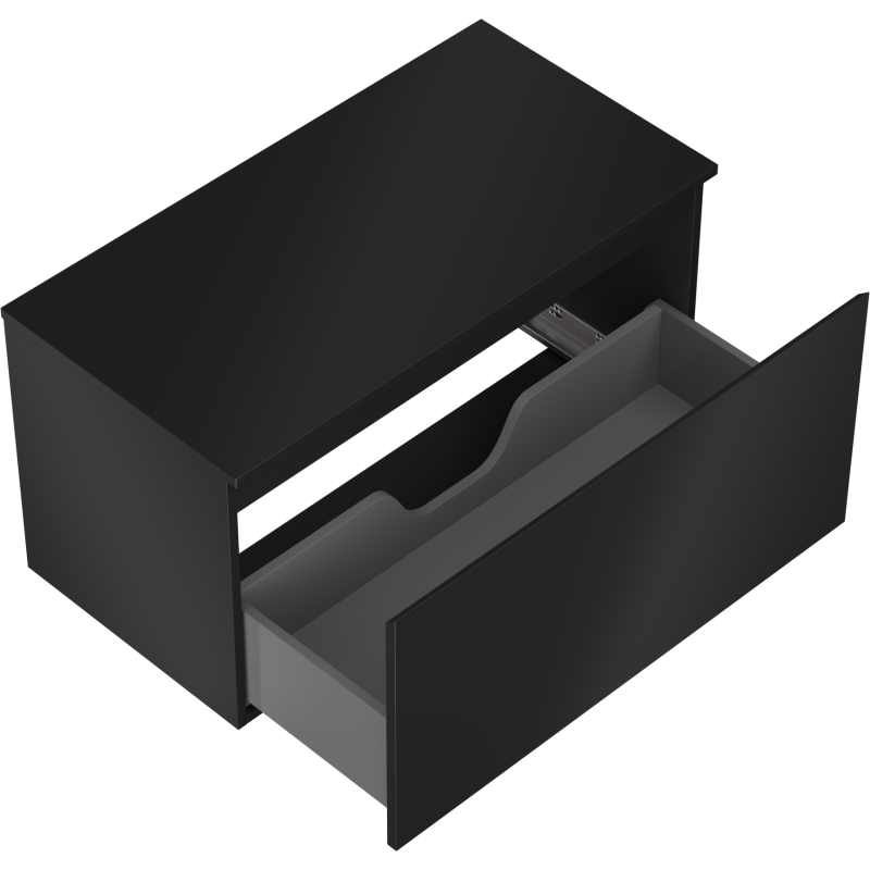 Servantskap uten vask 90 cm svart matt med én stor skuff åpen og synlig innvendig inndeling.