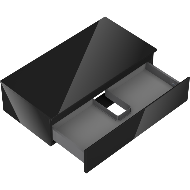 Servantskap uten vask 90 cm svart høyglans med åpen skuff og synlig midtdeler sett fra skrå vinkel.