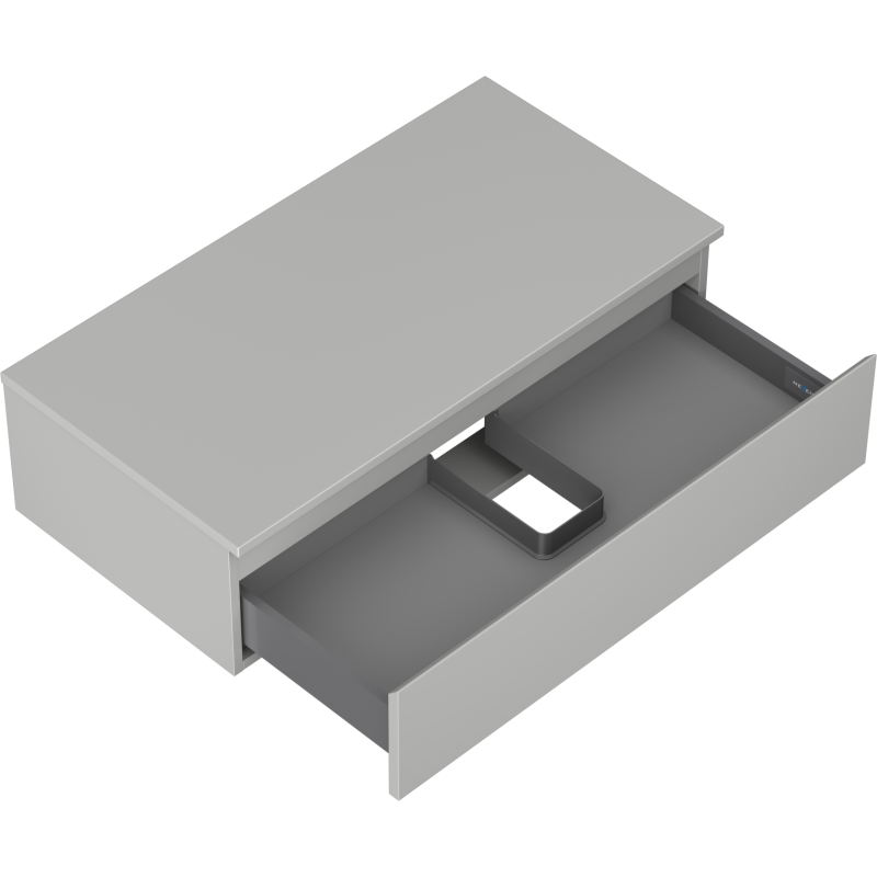 Servantskap uten vask grå matt Mexen Orio 90 cm med åpen skuff og innsats, sett fra skrå vinkel.