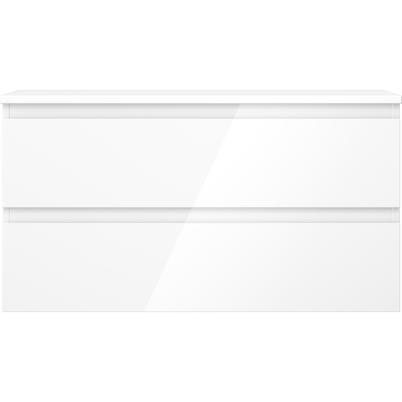 Underskap til servant i hvit høyglans med to skuffer, minimalistisk design uten synlige håndtak.