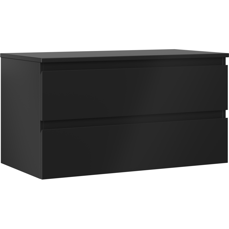 Servantskap 90 cm svart matt med to skuffer, minimalistisk design uten håndtak, sett fra skrå vinkel.