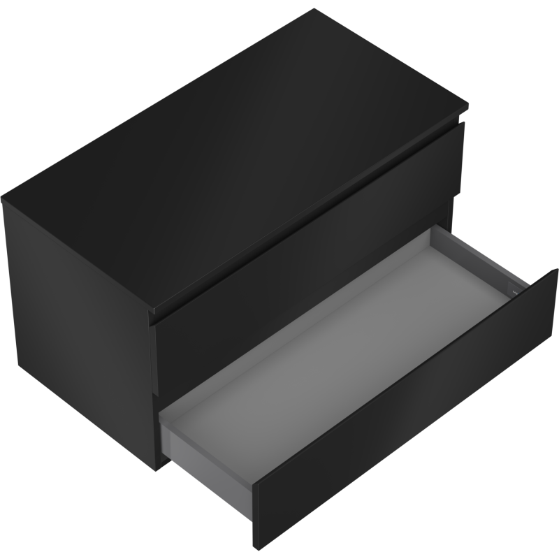 Servantskap til bad i svart matt med én stor skuff trukket ut, sett skrått ovenfra.