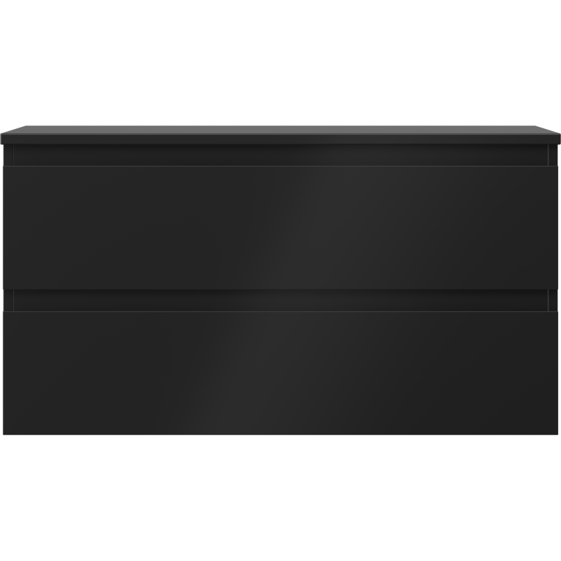 Underskap til servant i svart matt med to skuffer uten håndtak, sett rett forfra.