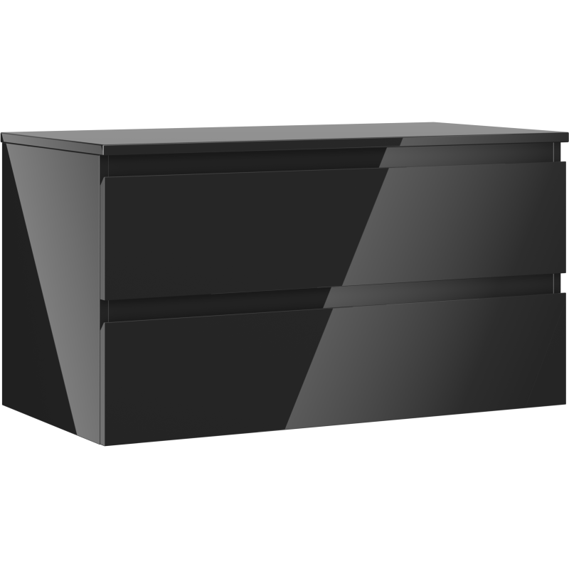 Servantskap 90 cm svart høyglans med to skuffer uten håndtak, sett fra skrå vinkel.