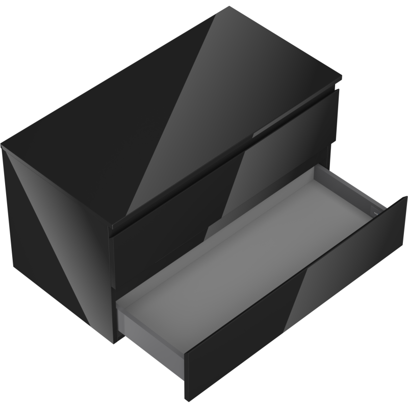 Servantskap til bad i svart høyglans med én stor skuff trukket ut, sett ovenfra i vinkel.