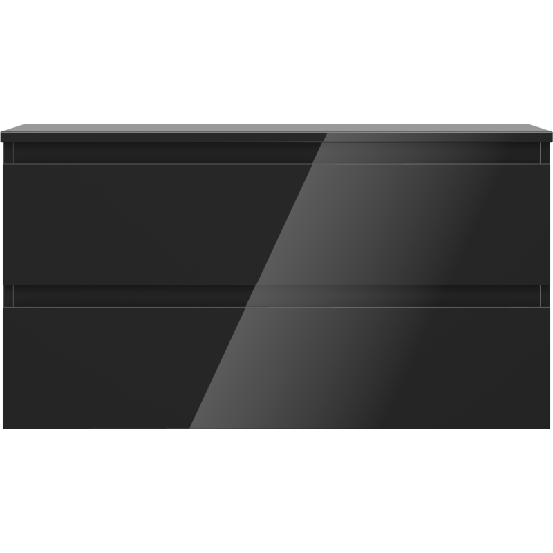 Underskap til servant i svart høyglans med to skuffer uten synlige håndtak, sett rett forfra.