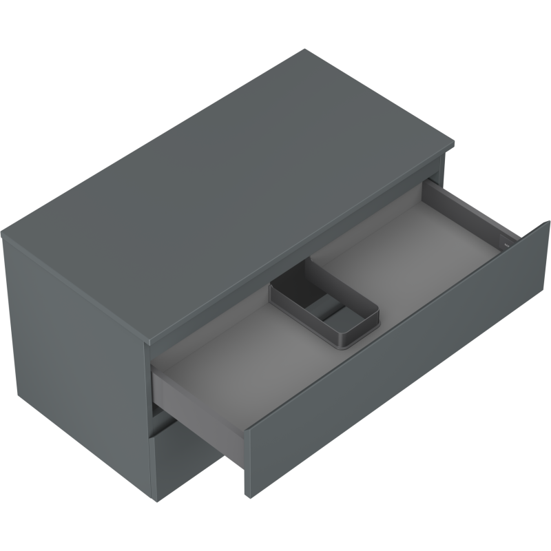 Servantskap uten vask 90 cm grafitt matt med to skuffer, skuff trukket ut og organiseringsbrett synlig.