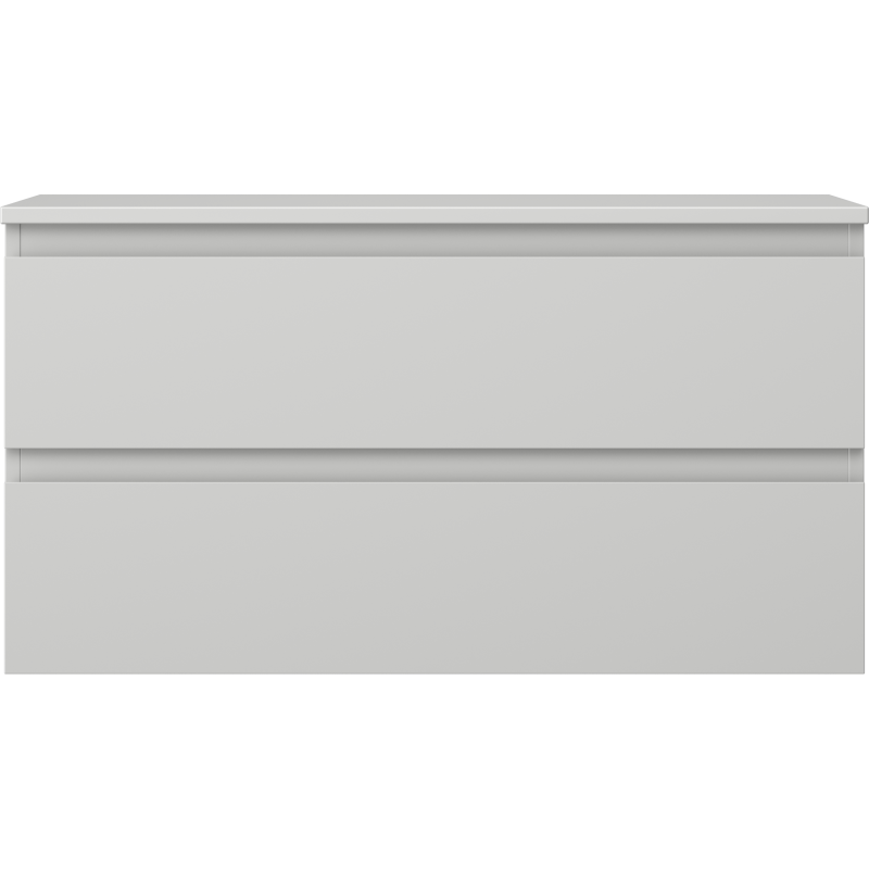 Underskap til servant 90 cm grå matt med to skuffer og innfelte håndtak, sett rett forfra.