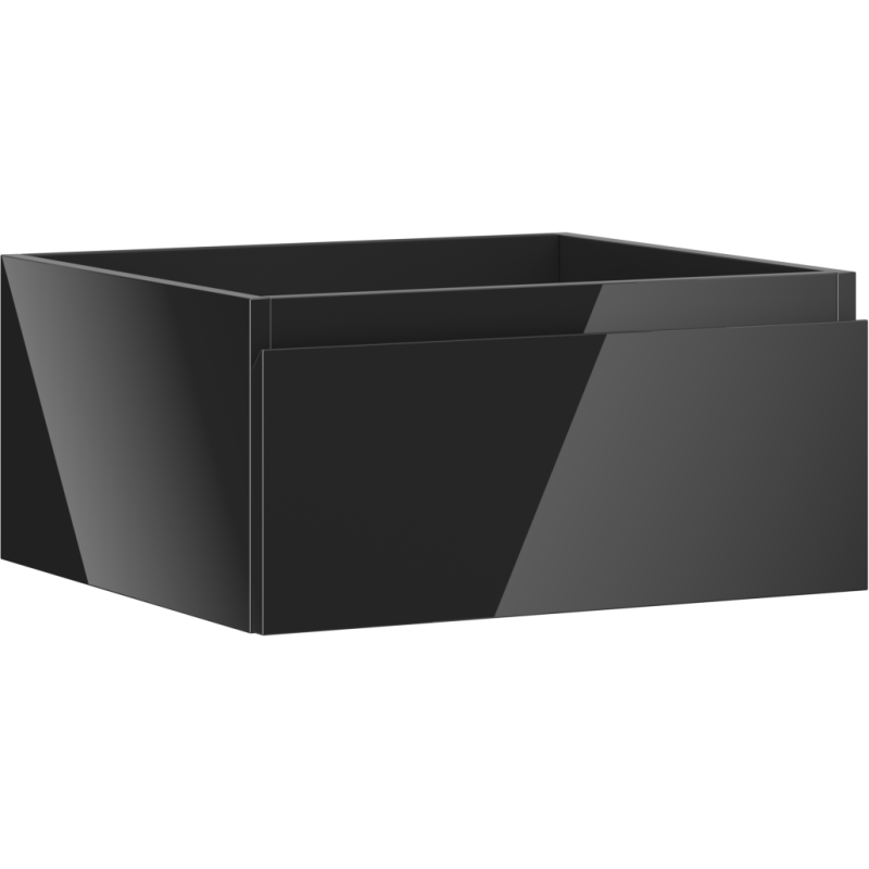 Servantskap 50 cm svart høyglans med én skuff og glatt front, sett fra skrå vinkel.