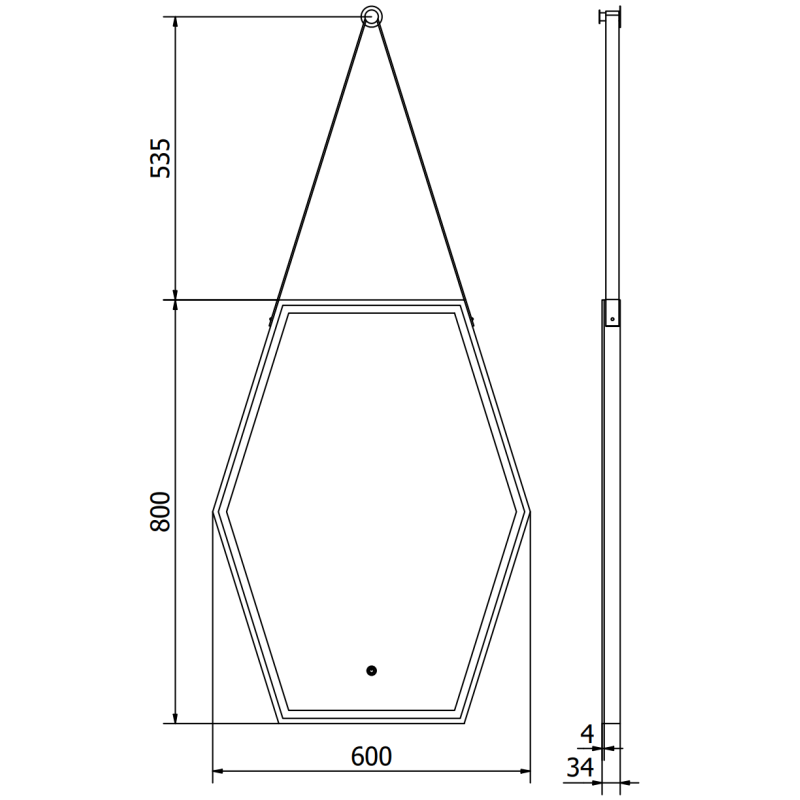 Speil med lys teknisk tegning av sekskantet speil Mexen Orla 60x80 cm med mål og synlig oppheng.