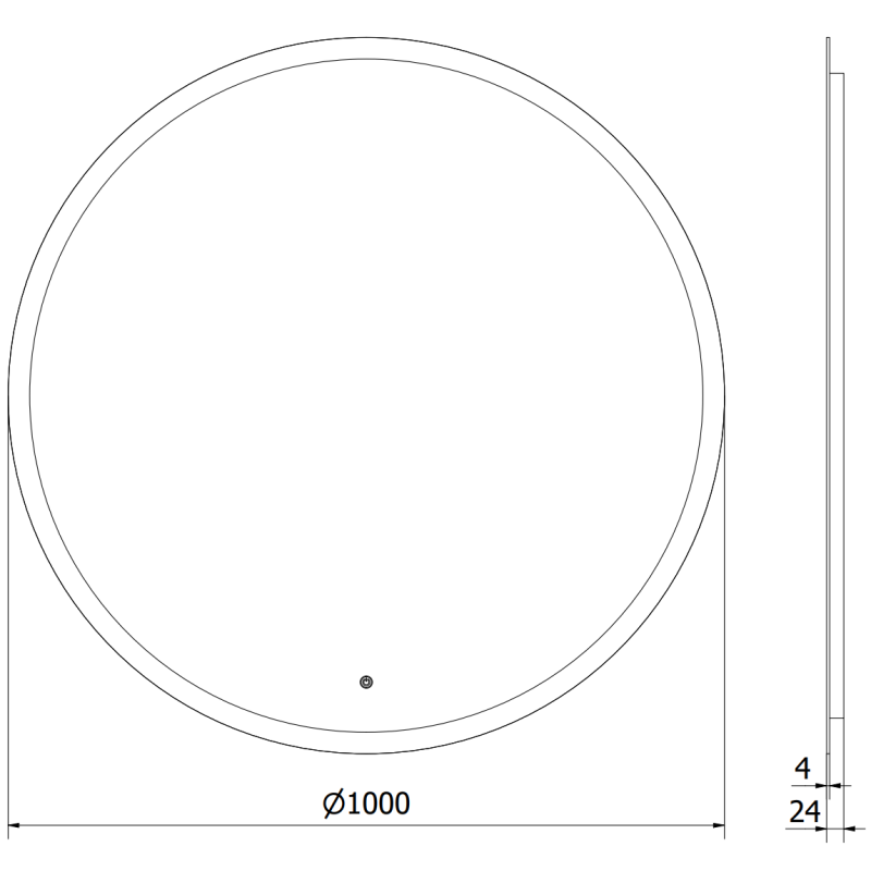 Speil med lys teknisk tegning av rundt LED-speil 100 x 100 cm, vist forfra og fra siden med mål.