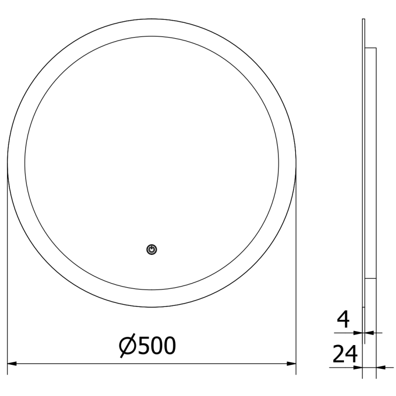 Speil med lys rundt Mexen Oro 50 x 50 cm LED, front- og sidevisning med tekniske mål og knapp nederst.