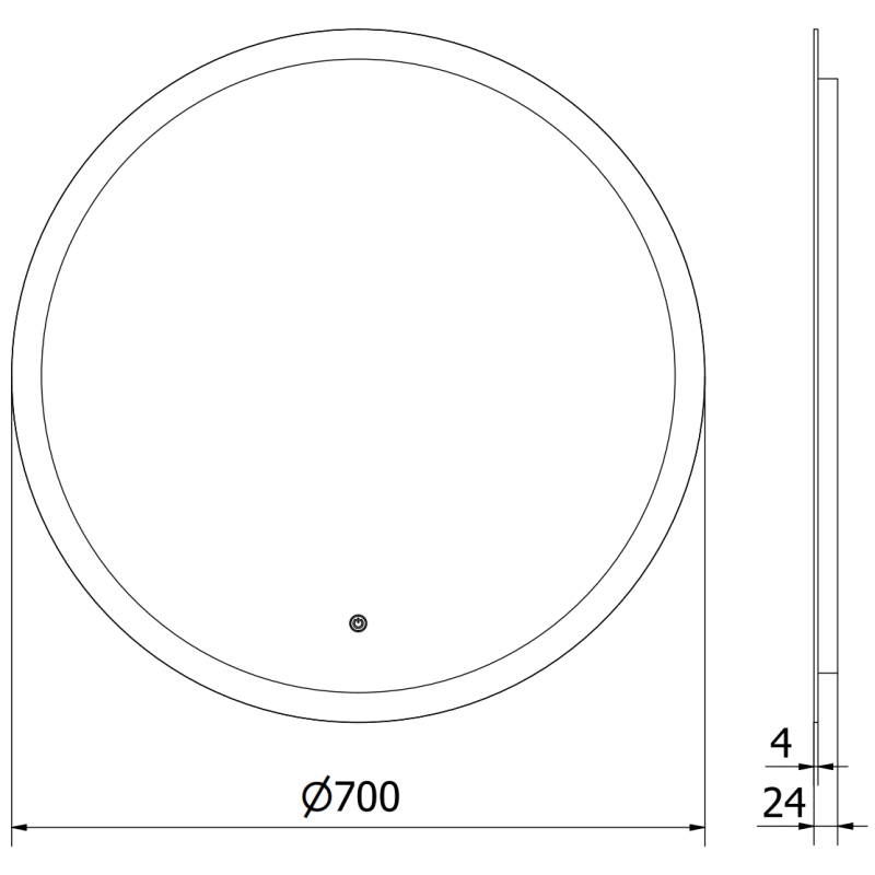Speil med lys teknisk tegning av rundt LED-speil 70 cm med 24 mm tykkelse og 4 mm ramme.