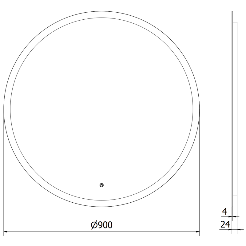 Speil med lys Mexen Oro rundt speil teknisk tegning med mål 90 x 90 cm, tykkelse 4 mm og 24 mm.