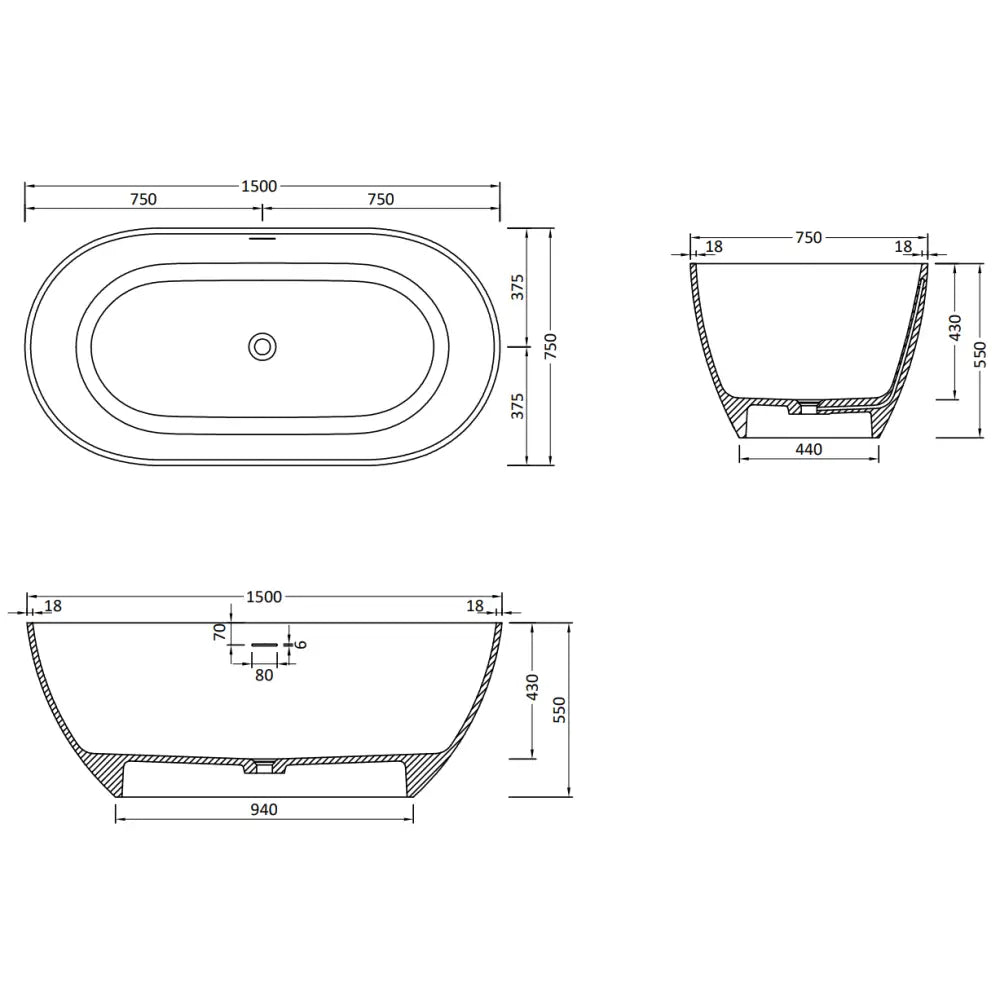 Mexen Rimini Frittstående Badekar i Kompositt 150x75 Cm Matt Hvit