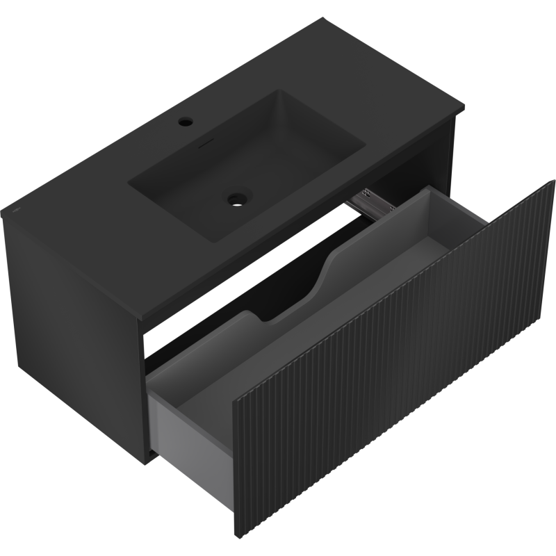 Baderomsskap med vask Mexen Rivel 100 cm i svart matt med åpen skuff og rillet front.