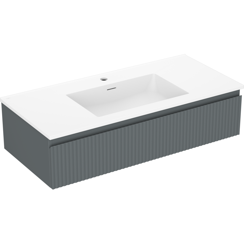 Servantskap med vask 100 cm grafitt matt og hvit matt, riflet front, sett fra skrå vinkel.